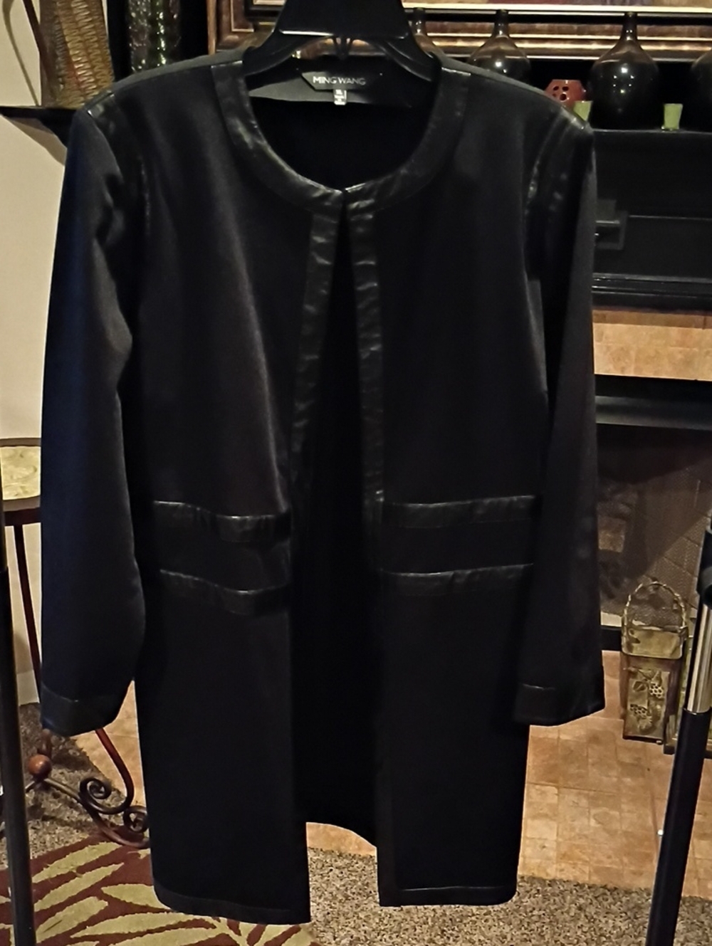 Ming Wang Rayon Blend Black Jacket/Coat with Banded Leather Trim & Side Slits - Picture 3 of 13